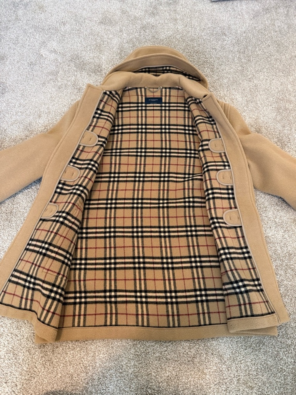Burberry Camel Wool Pea Coat with Signature Check Lining - Picture 7 of 14